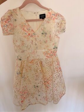 Bardot Junior Girls Light Yellow Floral Eyelet Mini Dress (Size 8)